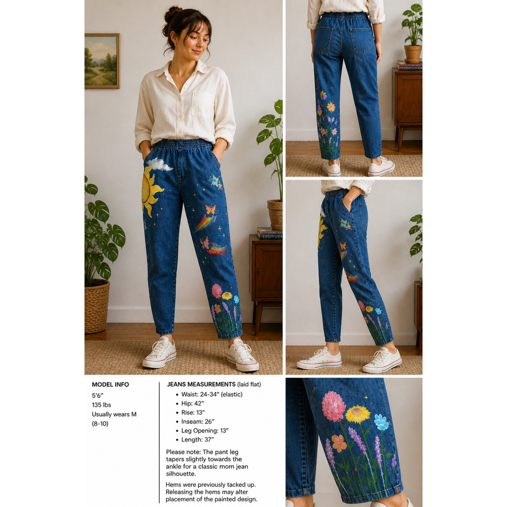 Vintage 90s Britannia Hand Painted Denim Jeans Sun Butterfly Floral Folk Art M